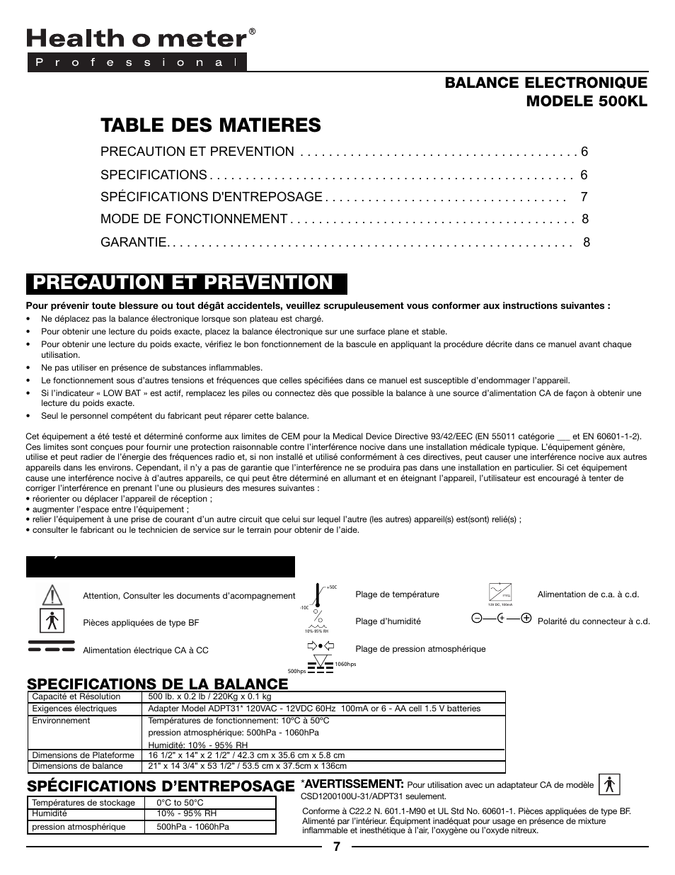 Precaution et prevention, Table des matieres, Definition de symbole | Balance electronique modele 500kl, Specifications de la balance, Spécifications d’entreposage | Health O Meter 500KL User Manual | Page 7 / 16