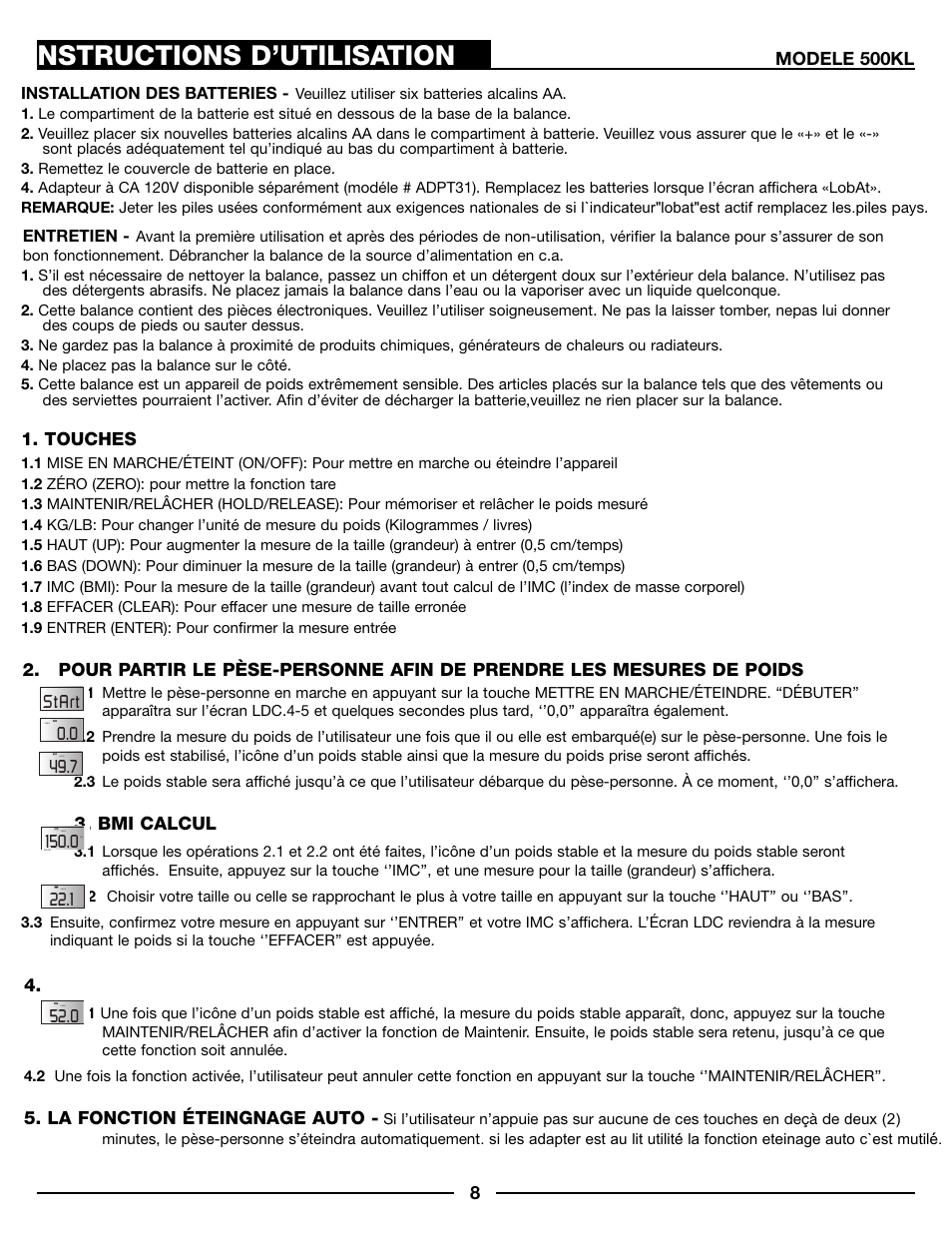 Instructions d’utilisation | Health O Meter 500KL User Manual | Page 8 / 16