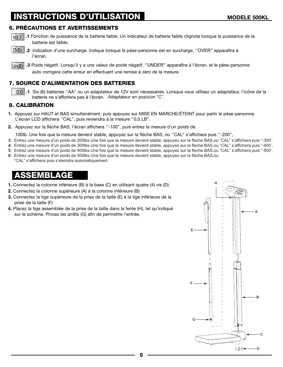 Instructions d’utilisation, Assemblage | Health O Meter 500KL User Manual | Page 9 / 16