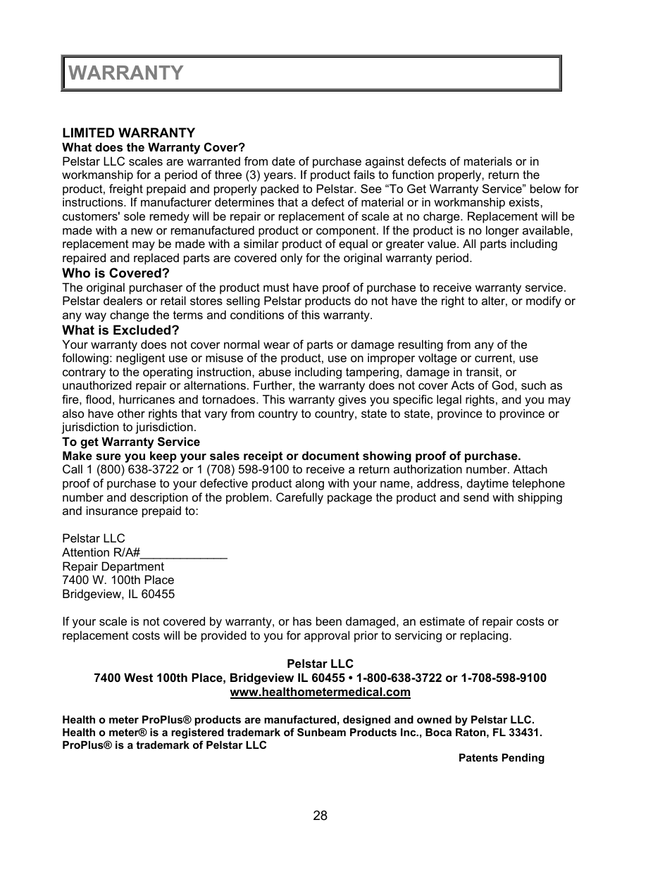 Warranty | Health O Meter PROPLUS 2000KL User Manual | Page 29 / 29
