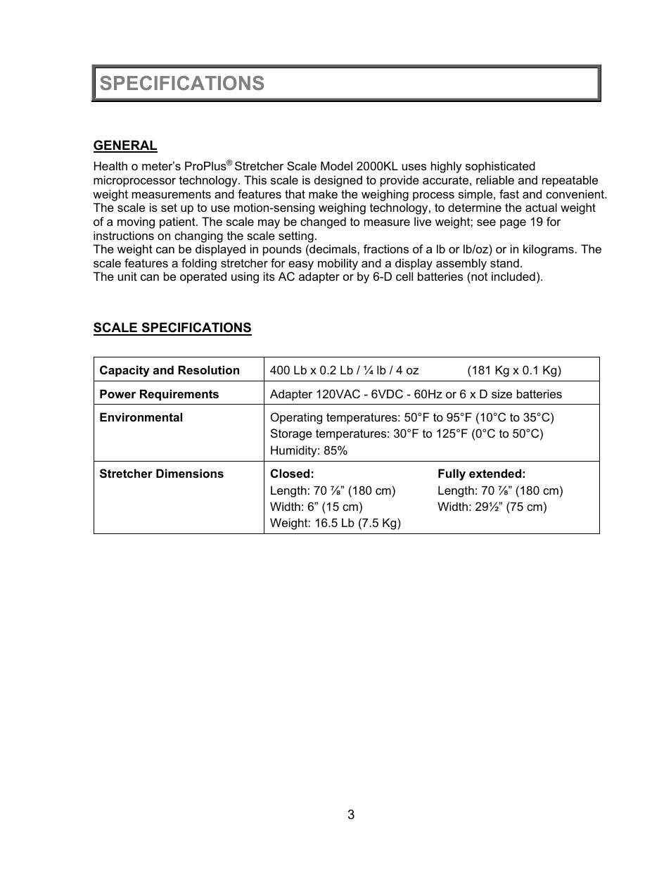 Specifications | Health O Meter PROPLUS 2000KL User Manual | Page 4 / 29