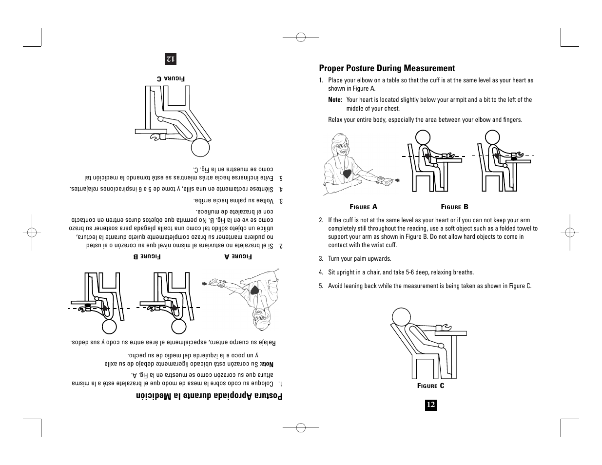 Proper posture during measurement, Postura apropiada durante la medición | Health O Meter 7632 User Manual | Page 12 / 42