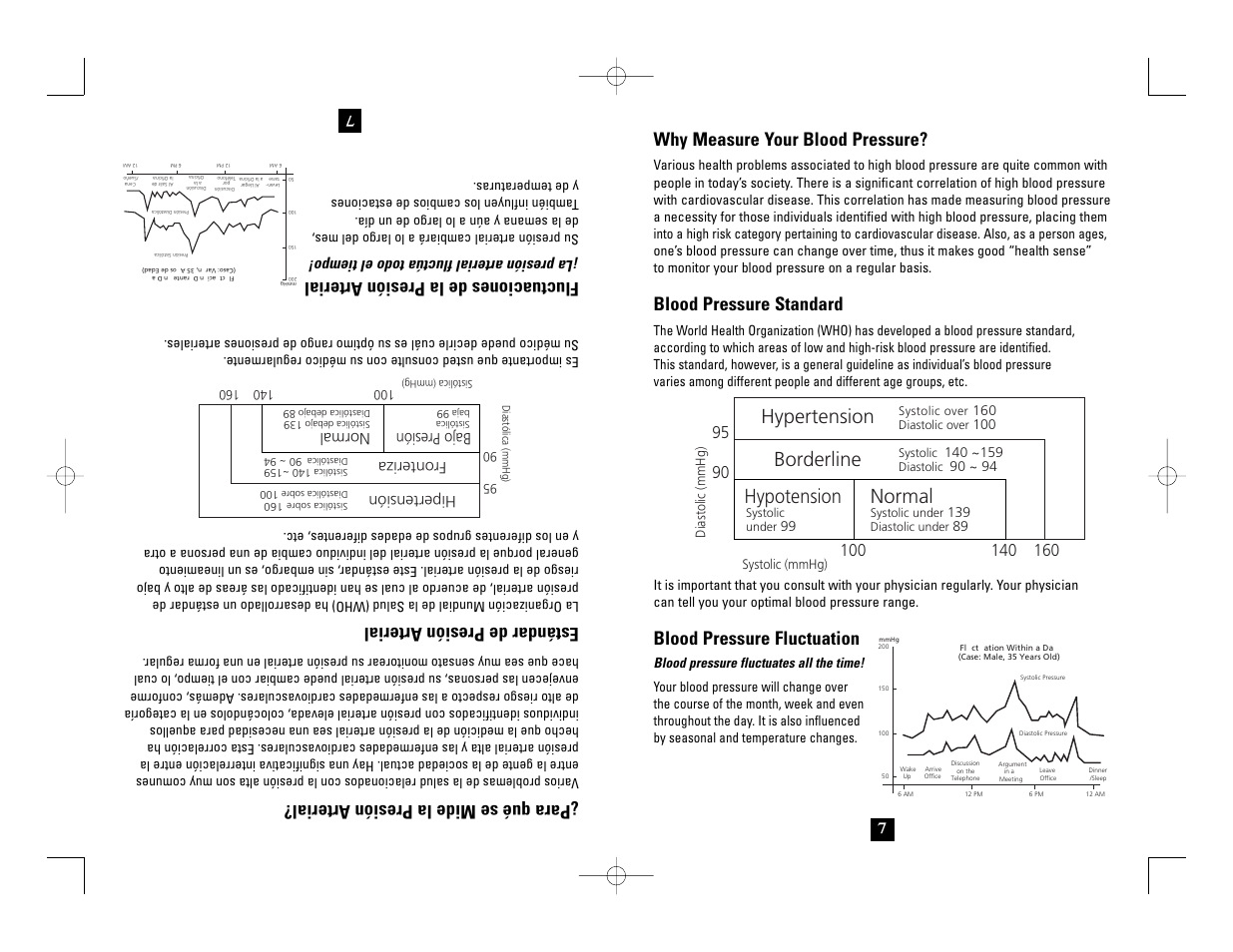 Hypertension, Borderline, Normal | Hypotension, Why measure your blood pressure, Blood pressure standard, Blood pressure fluctuation, Para qué se mide la presión arterial, Estándar de presión arterial, Fluctuaciones de la presión arterial | Health O Meter 7632 User Manual | Page 7 / 42