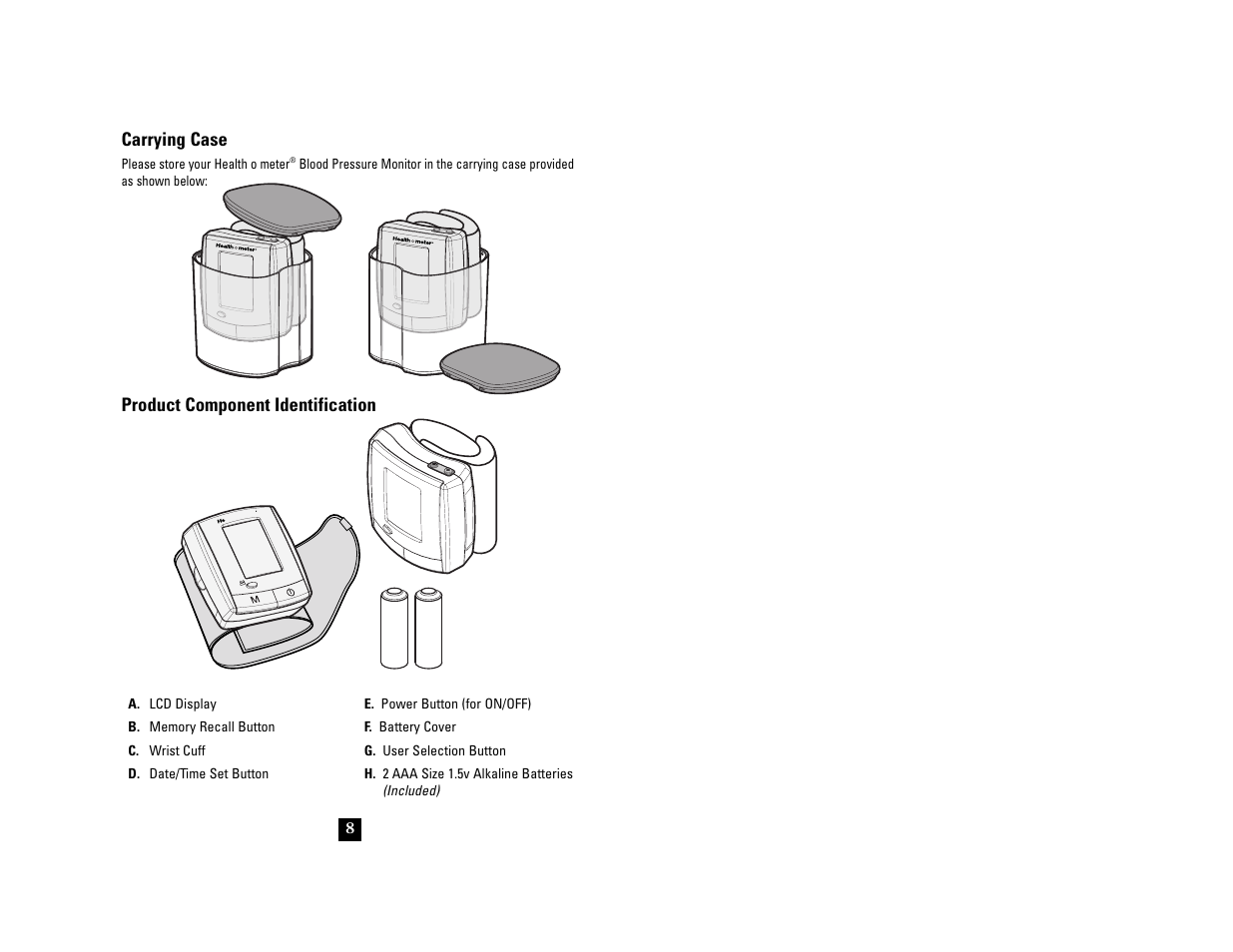 Carrying case, Product component identification | Health O Meter 7632 User Manual | Page 8 / 42