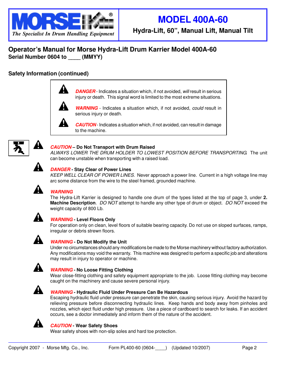 Hydra-lift, 60”, manual lift, manual tilt | HydroSurge 400A-60 User Manual | Page 2 / 11