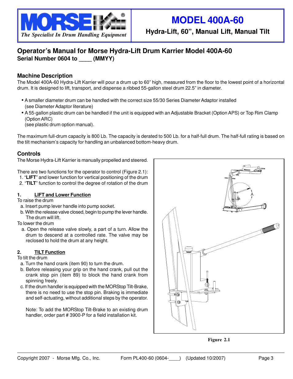 Hydra-lift, 60”, manual lift, manual tilt | HydroSurge 400A-60 User Manual | Page 3 / 11