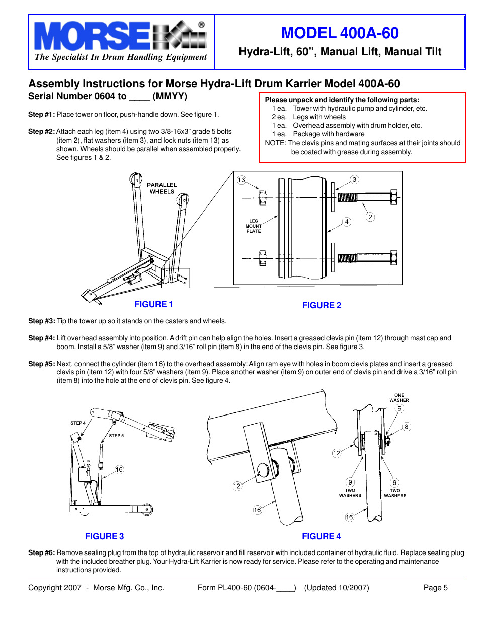 Hydra-lift, 60”, manual lift, manual tilt | HydroSurge 400A-60 User Manual | Page 5 / 11