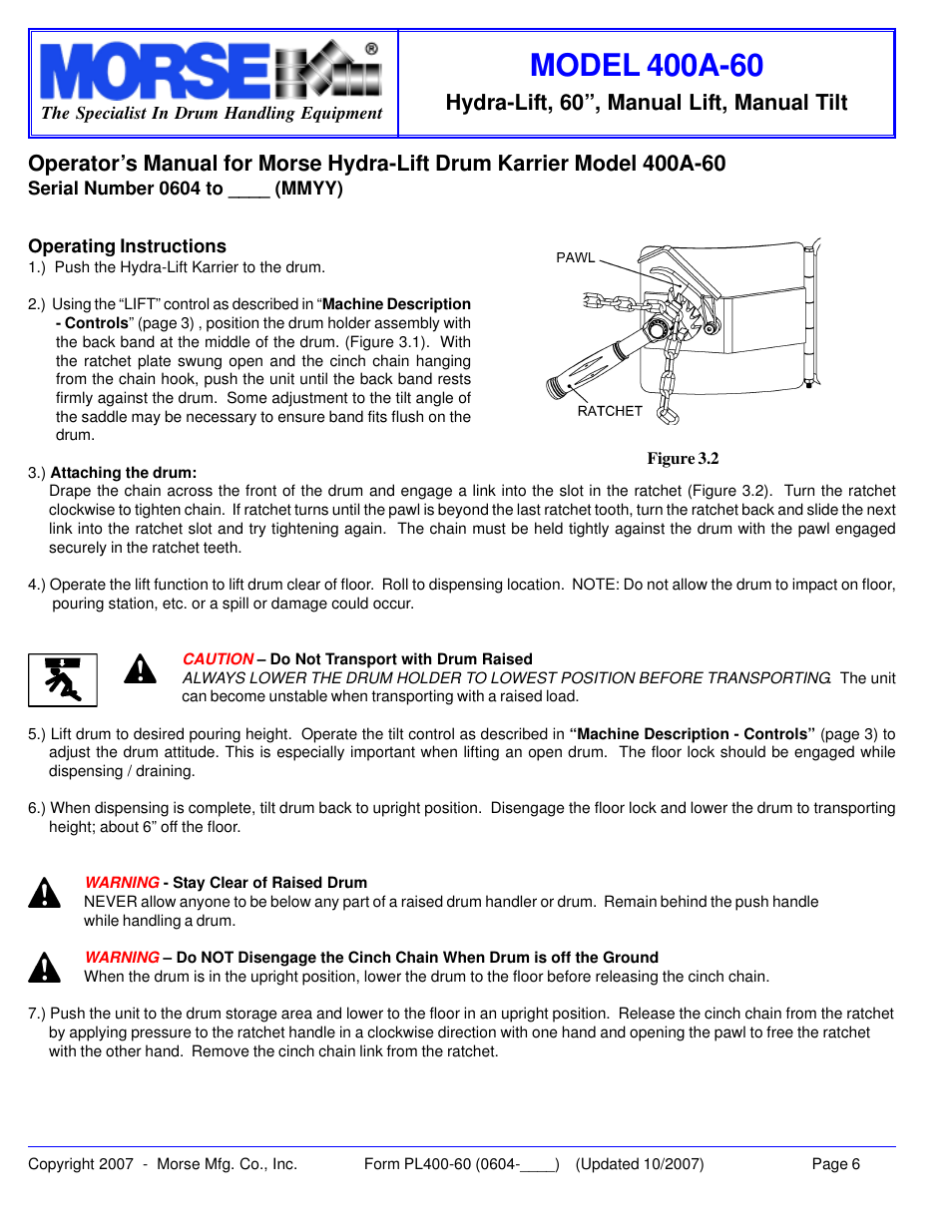 Hydra-lift, 60”, manual lift, manual tilt | HydroSurge 400A-60 User Manual | Page 6 / 11