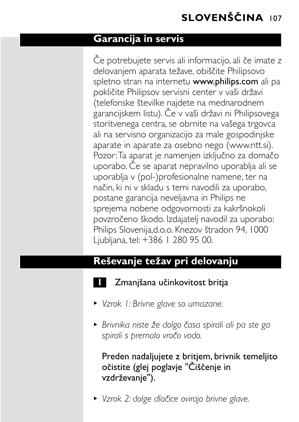 Garancija in servis, Reševanje težav pri delovanju, Slovenščina | HQ 8445 User Manual | Page 105 / 124