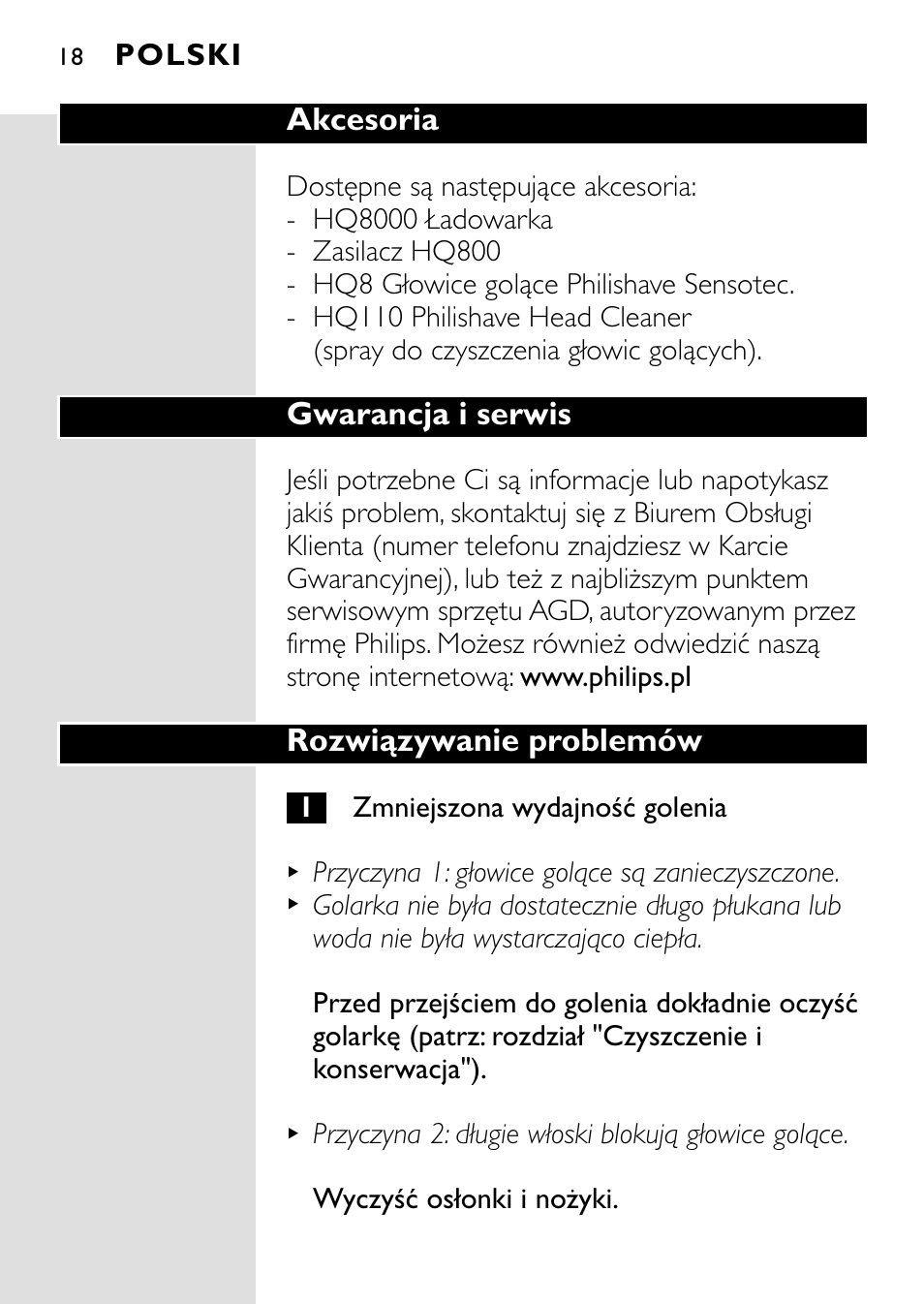 Akcesoria, Gwarancja i serwis, Rozwiązywanie problemów | Polski | HQ 8445 User Manual | Page 16 / 124