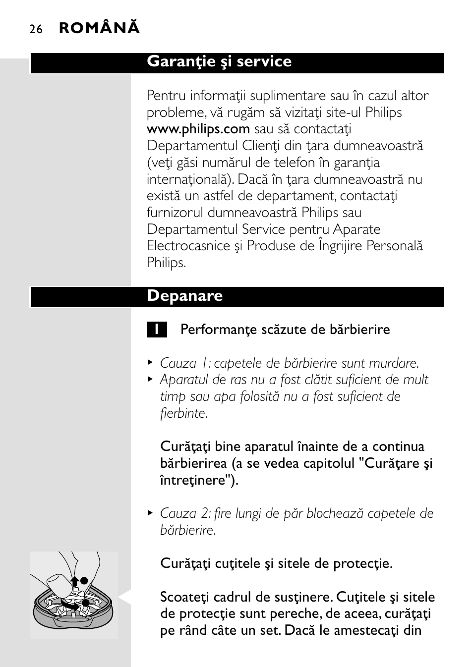 Garanţie şi service, Depanare, Română | HQ 8445 User Manual | Page 24 / 124