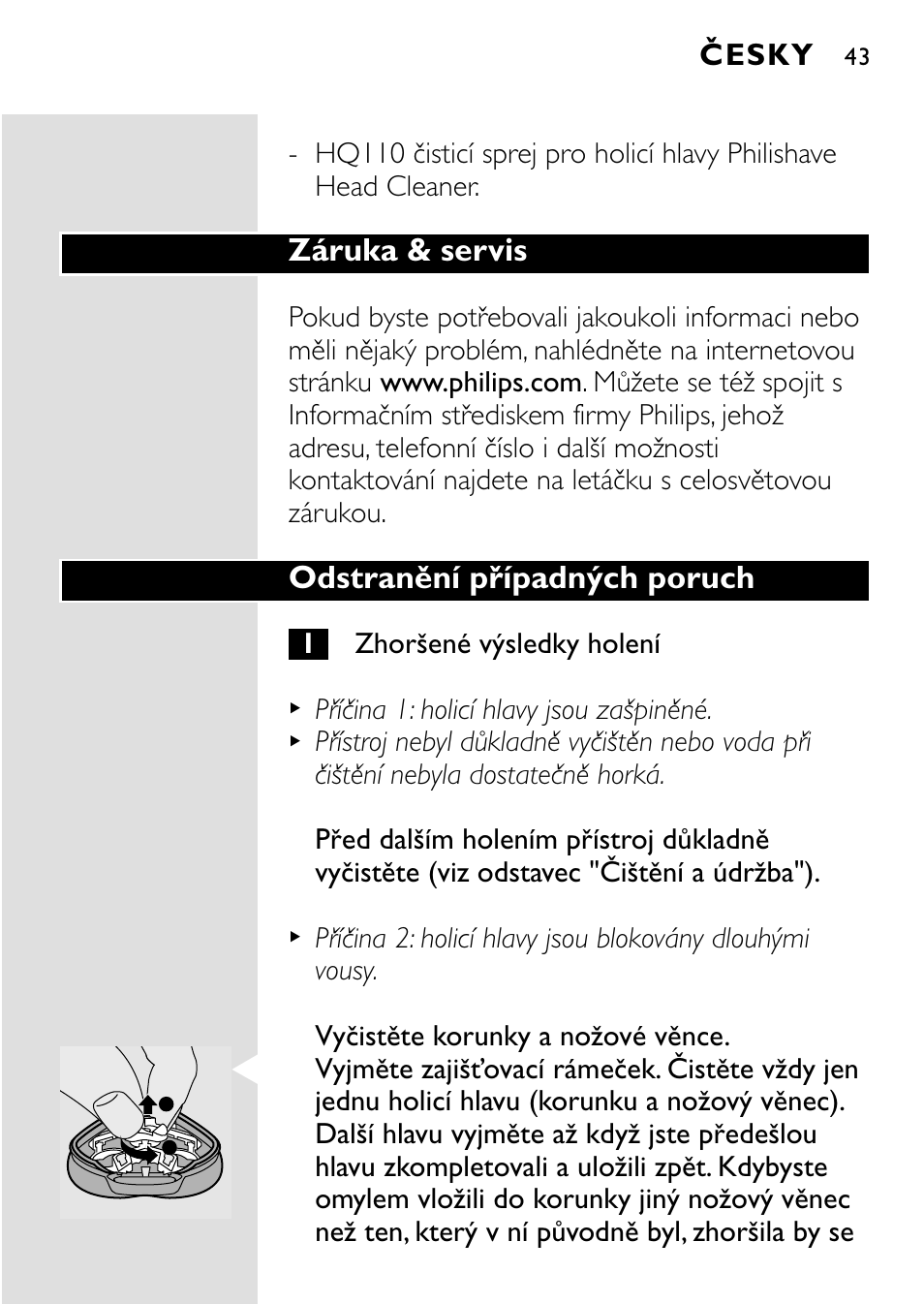 Záruka & servis, Odstranění případných poruch, Česky | HQ 8445 User Manual | Page 41 / 124