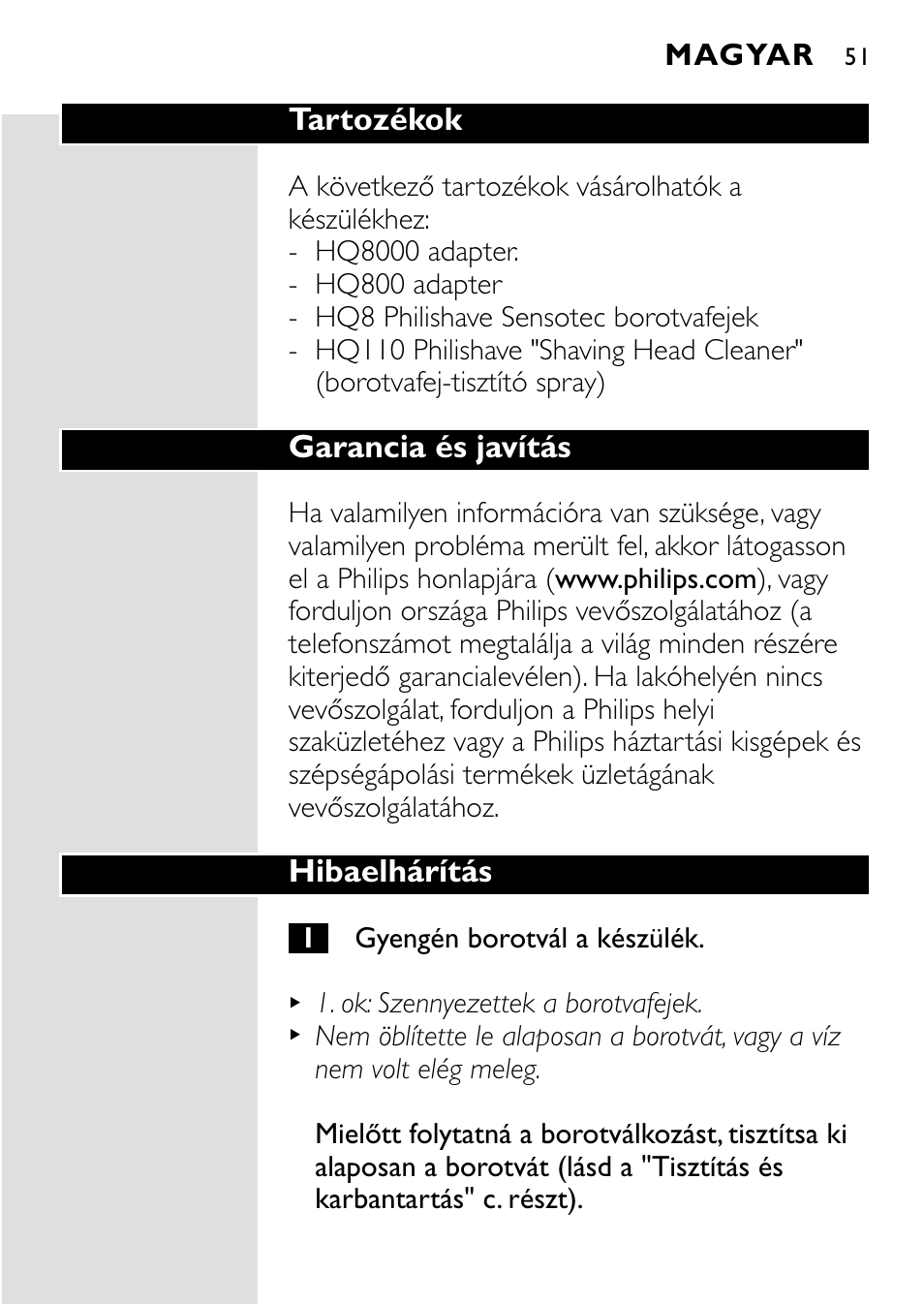 Tartozékok, Garancia és javítás, Hibaelhárítás | HQ 8445 User Manual | Page 49 / 124