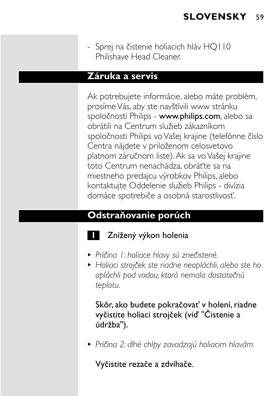 Záruka a servis, Odstraňovanie porúch, Slovensky | HQ 8445 User Manual | Page 57 / 124