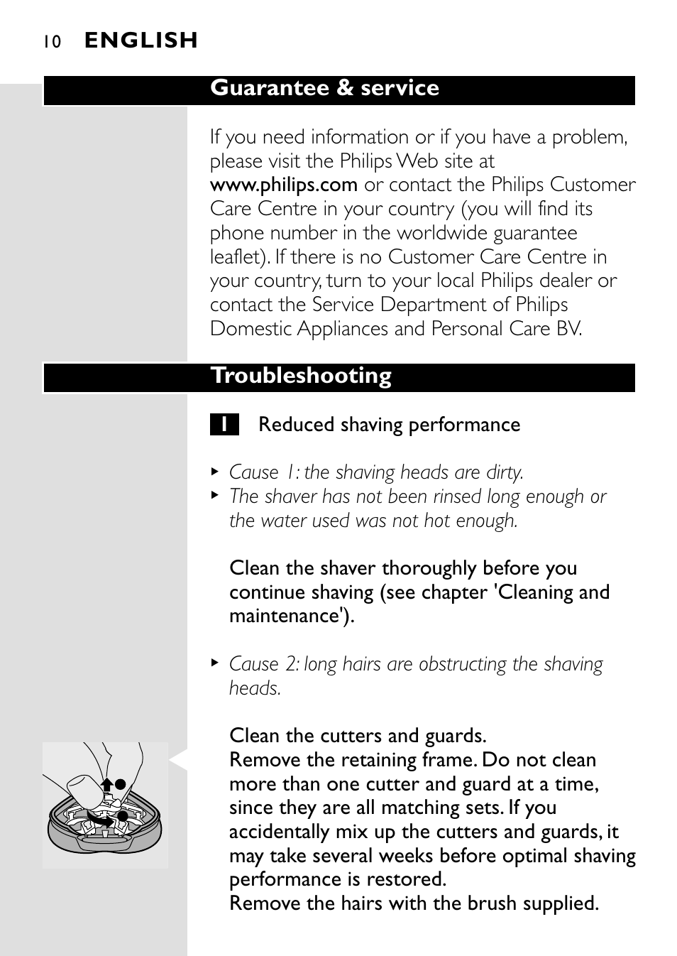 Guarantee & service, Troubleshooting, English | HQ 8445 User Manual | Page 8 / 124