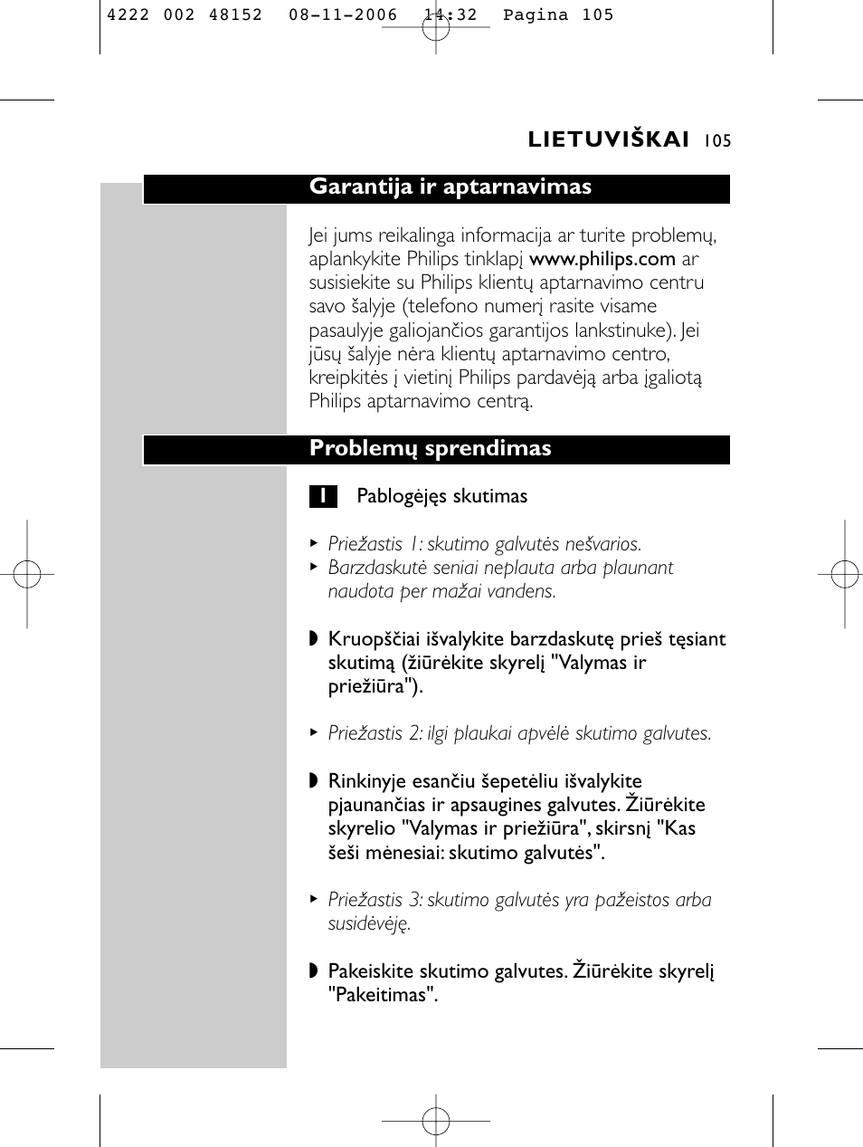 Garantija ir aptarnavimas, Problemų sprendimas | HQ 9160 User Manual | Page 103 / 236