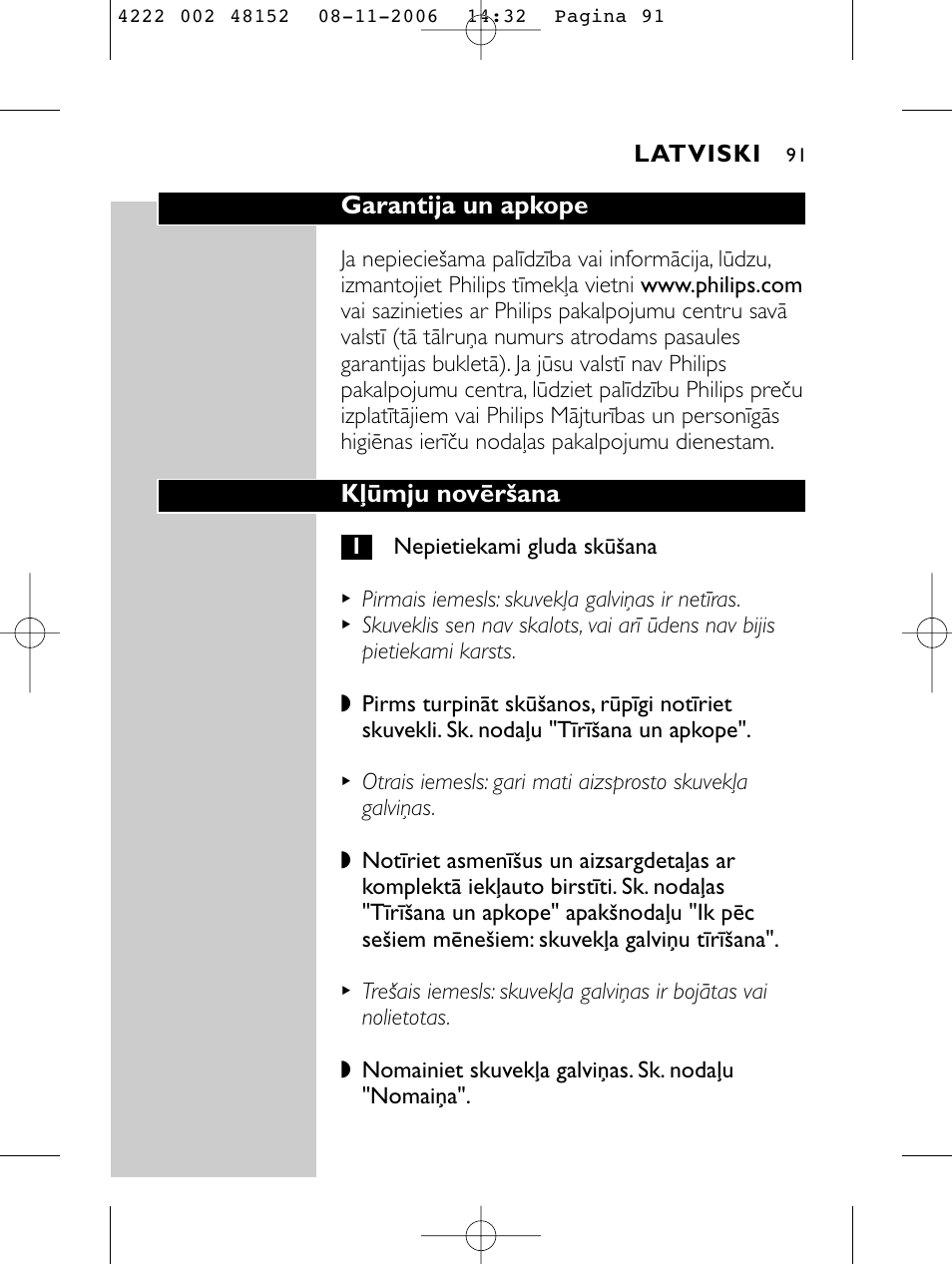 Garantija un apkope, Kļūmju novēršana | HQ 9160 User Manual | Page 89 / 236