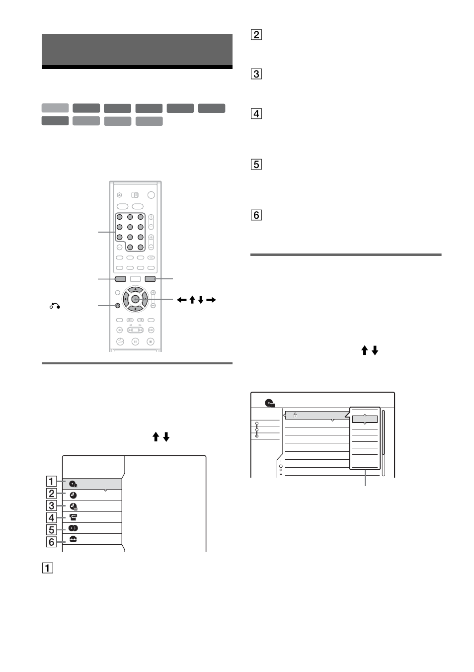 Guide to displays, Using the on-screen menus, System menu | Sub-menu, A title li st (page 33), B time r (page 42), C timer list (page 46), D dv edit (page 77), E dubbing (page 72), F setup (page 83) | Hama RDR-HX900 User Manual | Page 32 / 120