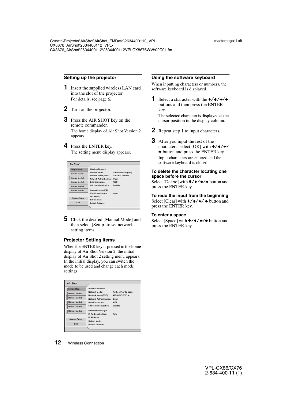 Turn on the projector, Press the air shot key on the remote commander, Press the enter key | Using the software keyboard, Repeat step 1 to input characters | Hama VPL-CX86 User Manual | Page 12 / 33