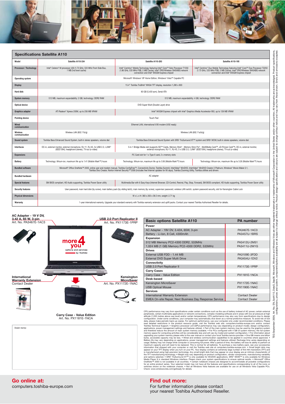 Go online at, Find out more, Specifications satellite a110 | Basic options satellite a110 pa number | Hama Satellite A110 User Manual | Page 2 / 2