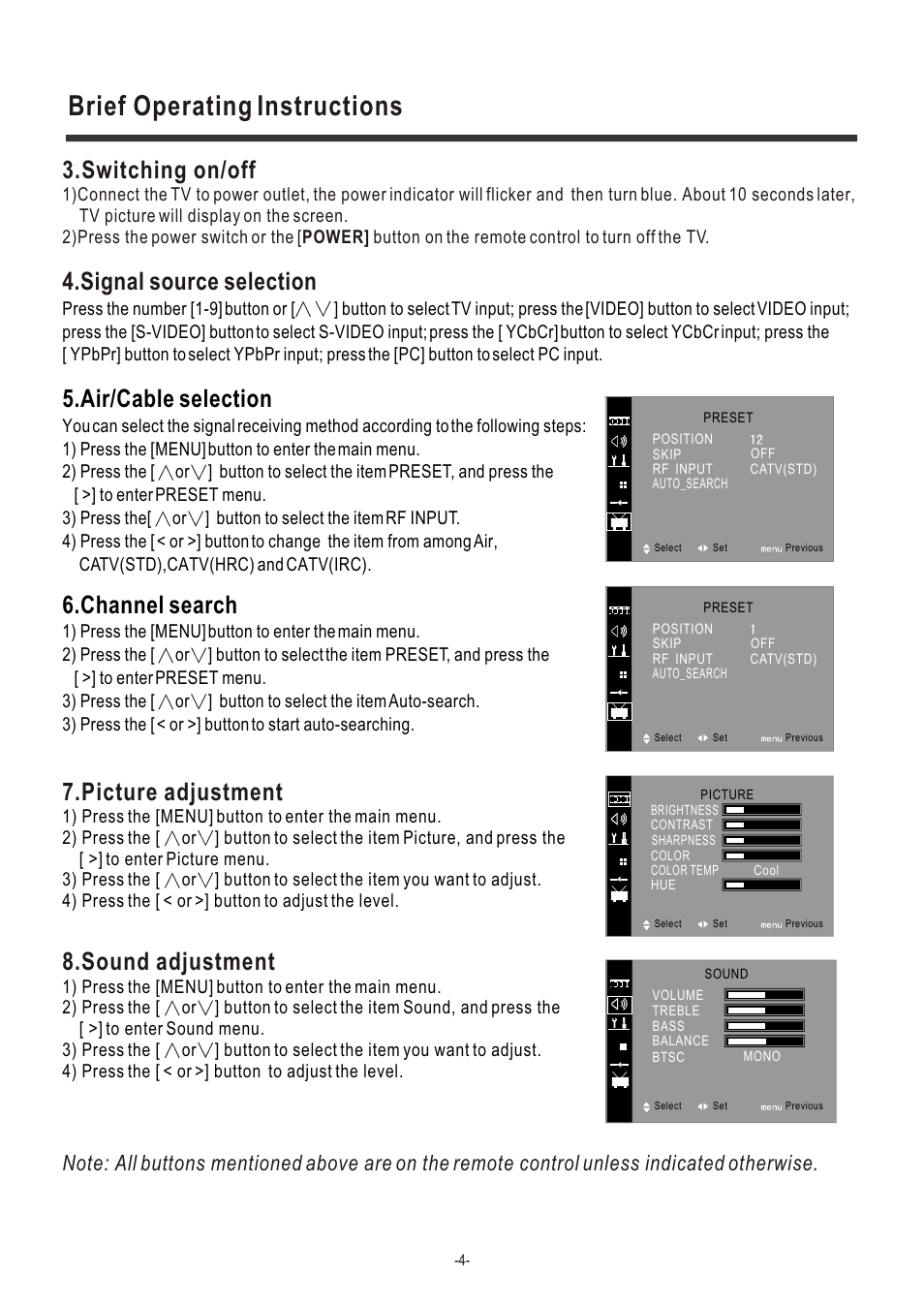 Brief operating instructions, Switching on/off, Signal source selection | Air/cable selection, Channel search, Picture adjustment, Sound adjustment | Hisense Group TA42P40M User Manual | Page 6 / 7