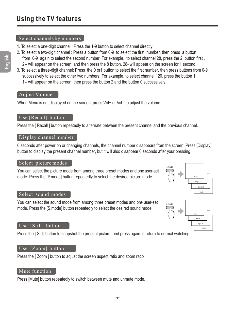 Т³гж 11, Using the tv features, Select picture modes select sound modes | Adjust volume, Display channel number, Use [recall] button, Use [still] button, Use [zoom] button, Mute function, Select channels by numbers | Hisense Group PDP4211EU User Manual | Page 11 / 23