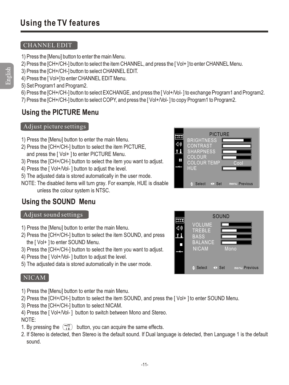 Т³гж 13, Using the tv features, Using the sound menu | Using the picture menu | Hisense Group PDP4211EU User Manual | Page 13 / 23