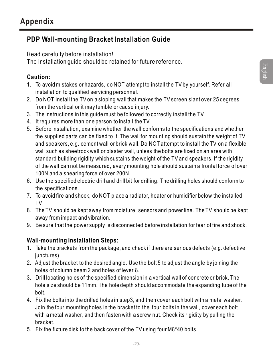 Т³гж 22, Appendix, Pdp wall-mounting bracket installation guide | Hisense Group PDP4211EU User Manual | Page 22 / 23