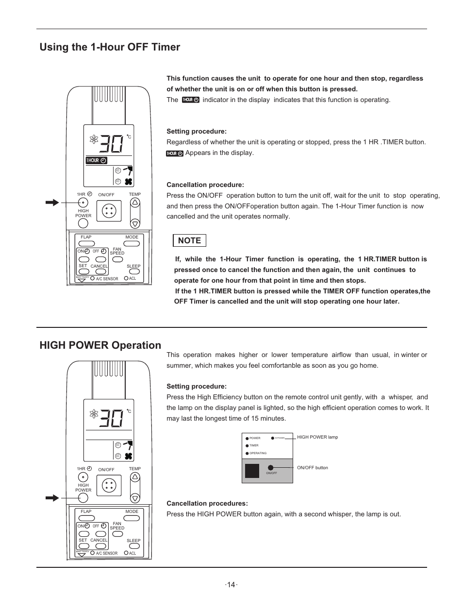 Using the 1-hour off timer, High power operation | Hisense Group KF 346GWE User Manual | Page 16 / 23