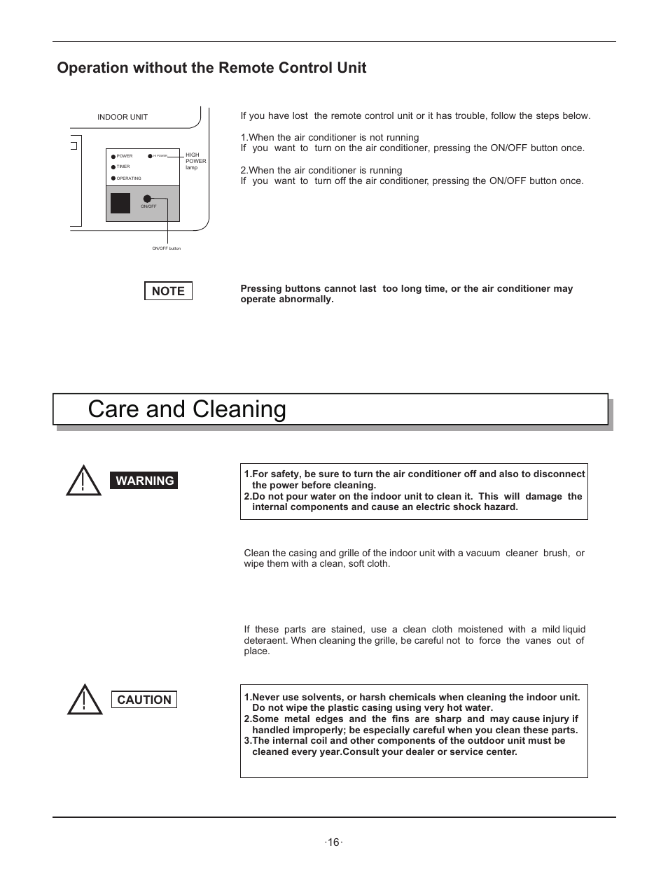 Care and cleaning, Operation without the remote control unit | Hisense Group KF 346GWE User Manual | Page 18 / 23