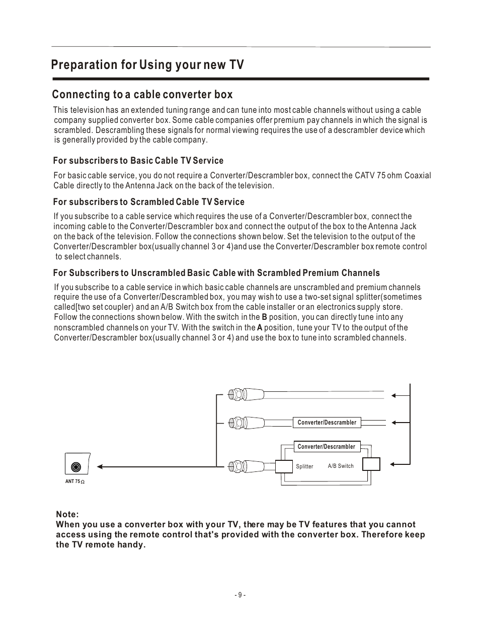 Preparation for using your new tv, Connecting to a cable converter box | Hisense Group TL 2020 User Manual | Page 11 / 24