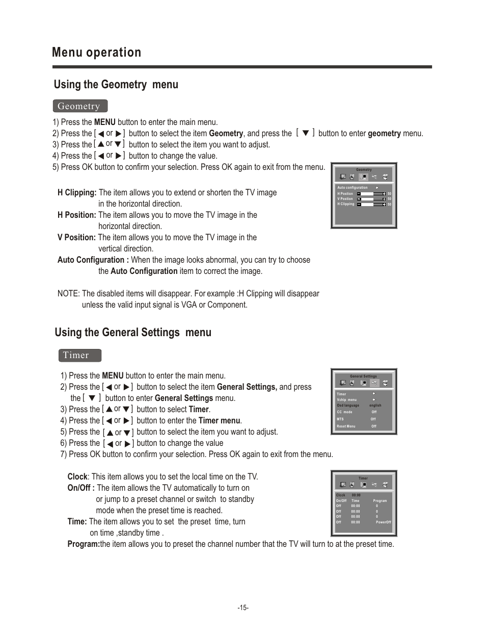 Menu operation, Using the general settings menu, Using the geometry menu | Geometry, Timer | Hisense Group TL 2020 User Manual | Page 17 / 24