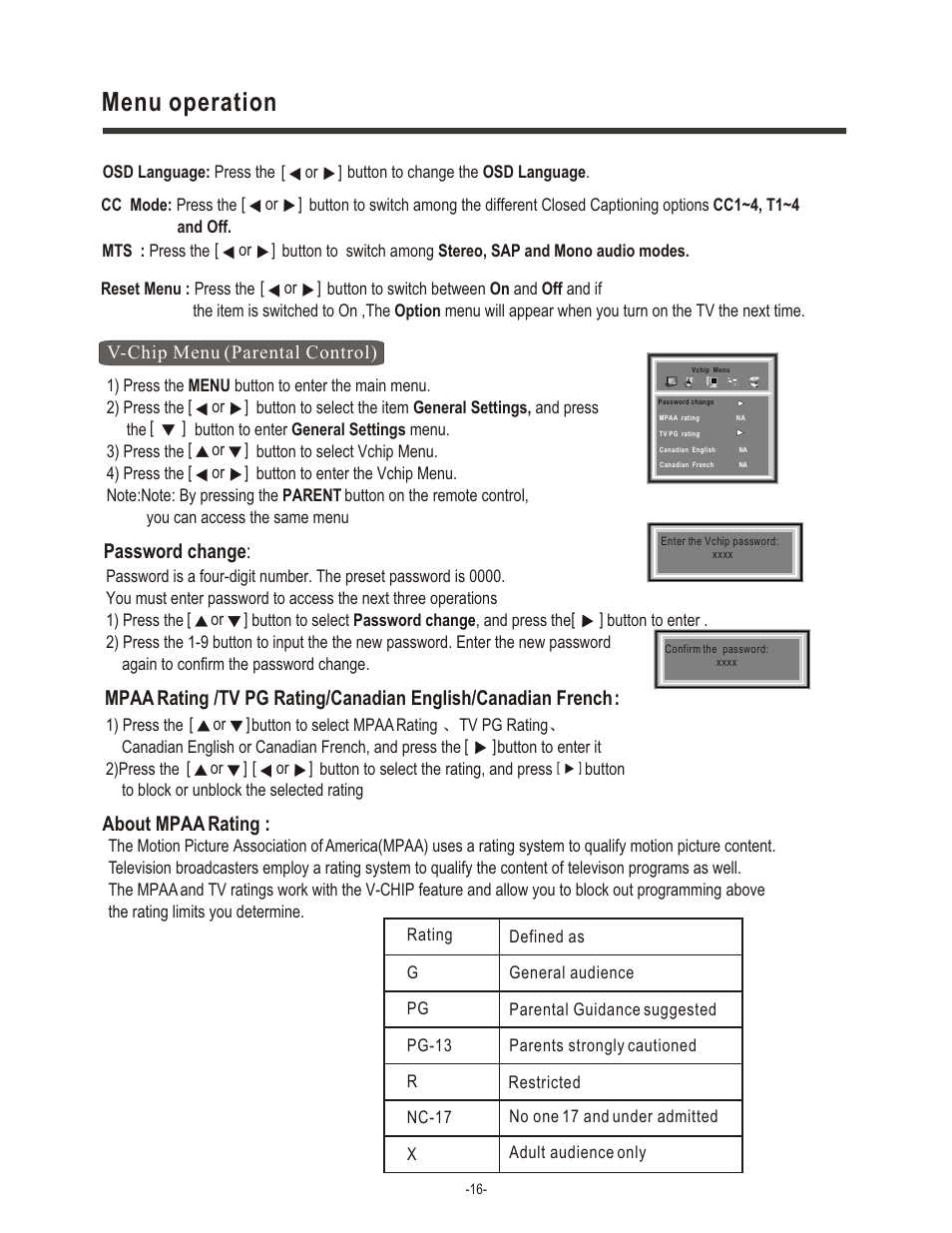 Menu operation, Password change, About mpaa rating | Hisense Group TL 2020 User Manual | Page 18 / 24