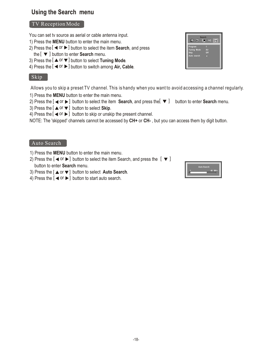 Using the search menu, Skip, Auto search | Tv reception mode | Hisense Group TL 2020 User Manual | Page 20 / 24