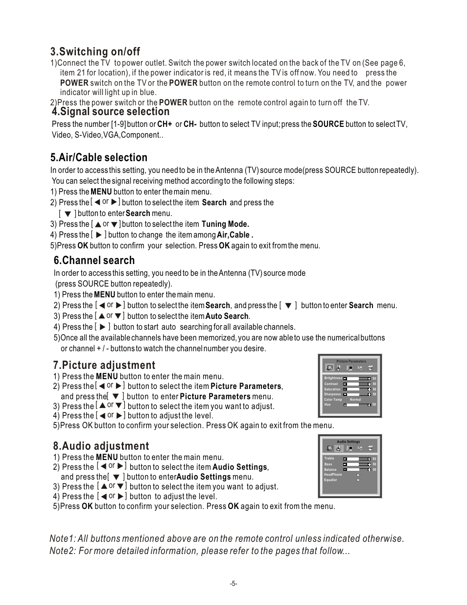 Switching on/off, Signal source selection, Channel search | Picture adjustment, Audio adjustment, Air/cable selection | Hisense Group TL 2020 User Manual | Page 7 / 24