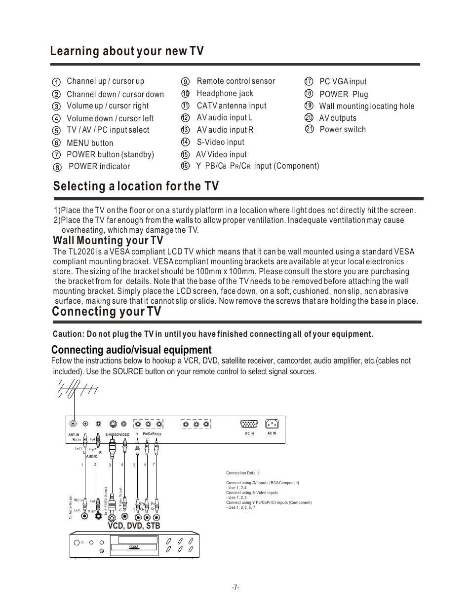 Connecting your tv, Connecting audio/visual equipment, Wall mounting your tv | Av outputs, Wall mounting locating hole, Vcd, dvd, stb, Power switch | Hisense Group TL 2020 User Manual | Page 9 / 24