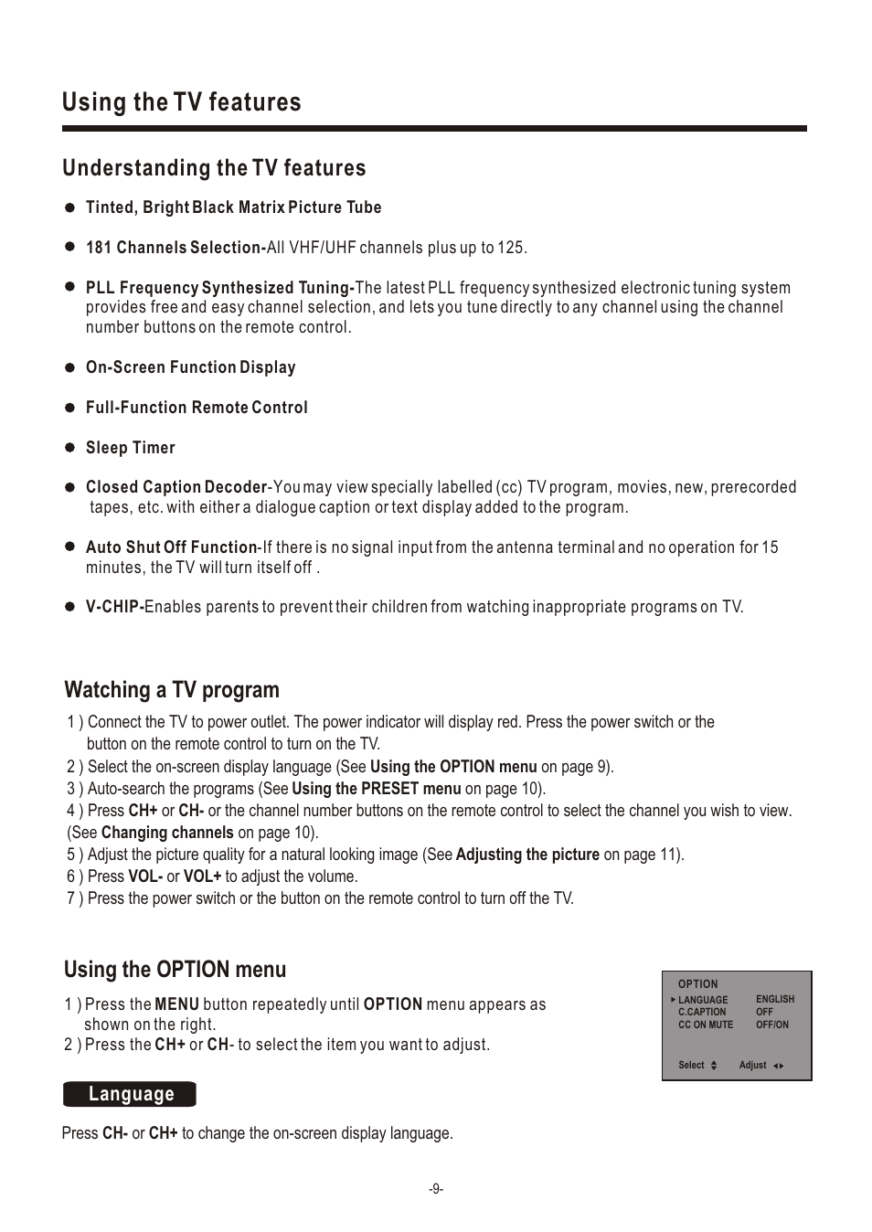Т³гж 11, Using the tv features, Watching a tv program | Using the option menu, Understanding the tv features, Language | Hisense Group C2005US User Manual | Page 11 / 20