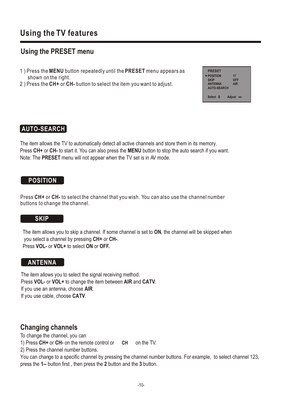 Т³гж 12, Using the tv features, Using the preset menu | Changing channels, Auto-search, Position, Skip, Antenna | Hisense Group C2005US User Manual | Page 12 / 20