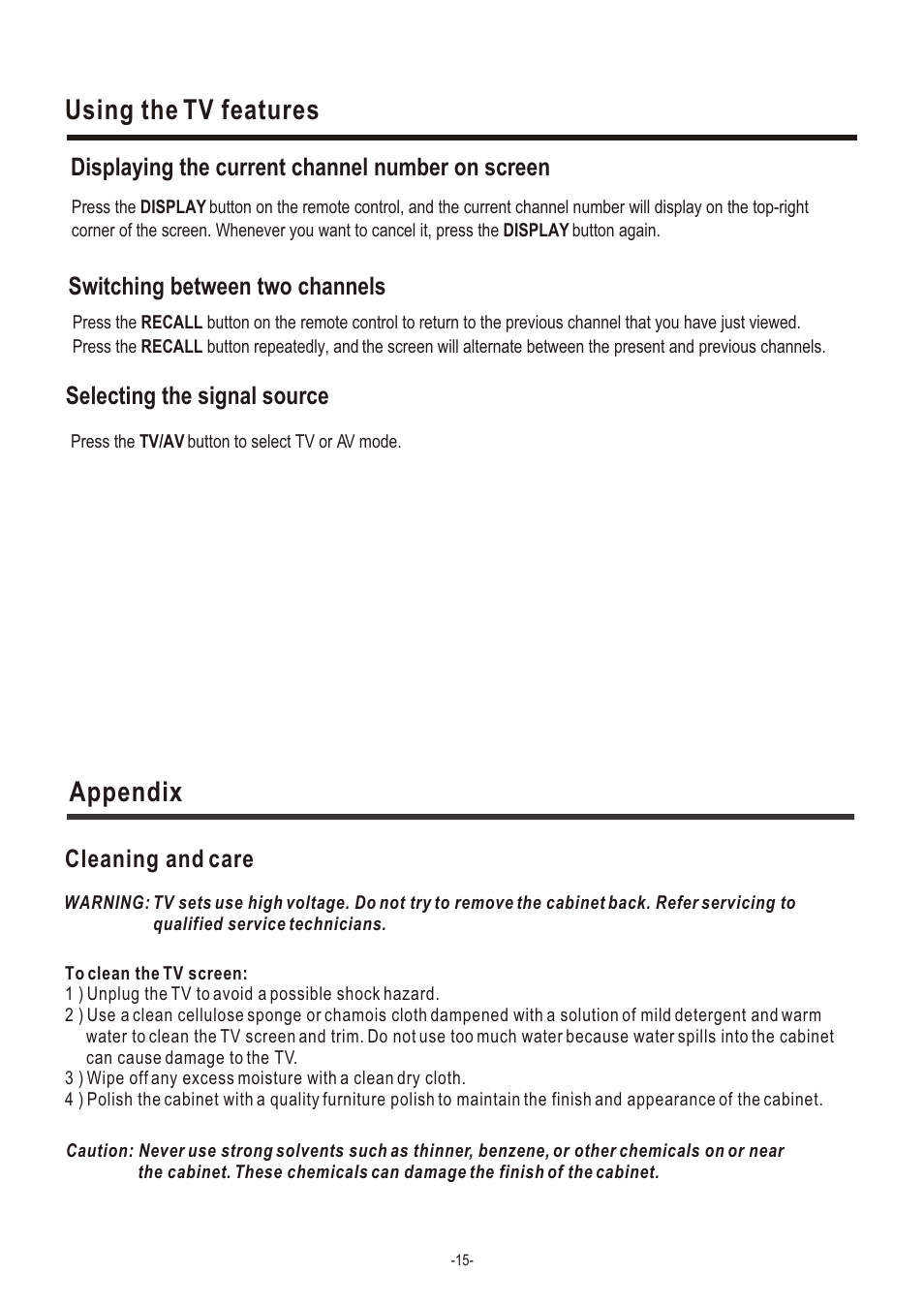 Т³гж 17, Using the tv features, Appendix | Displaying the current channel number on screen, Switching between two channels, Selecting the signal source, Cleaning and care | Hisense Group C2005US User Manual | Page 17 / 20