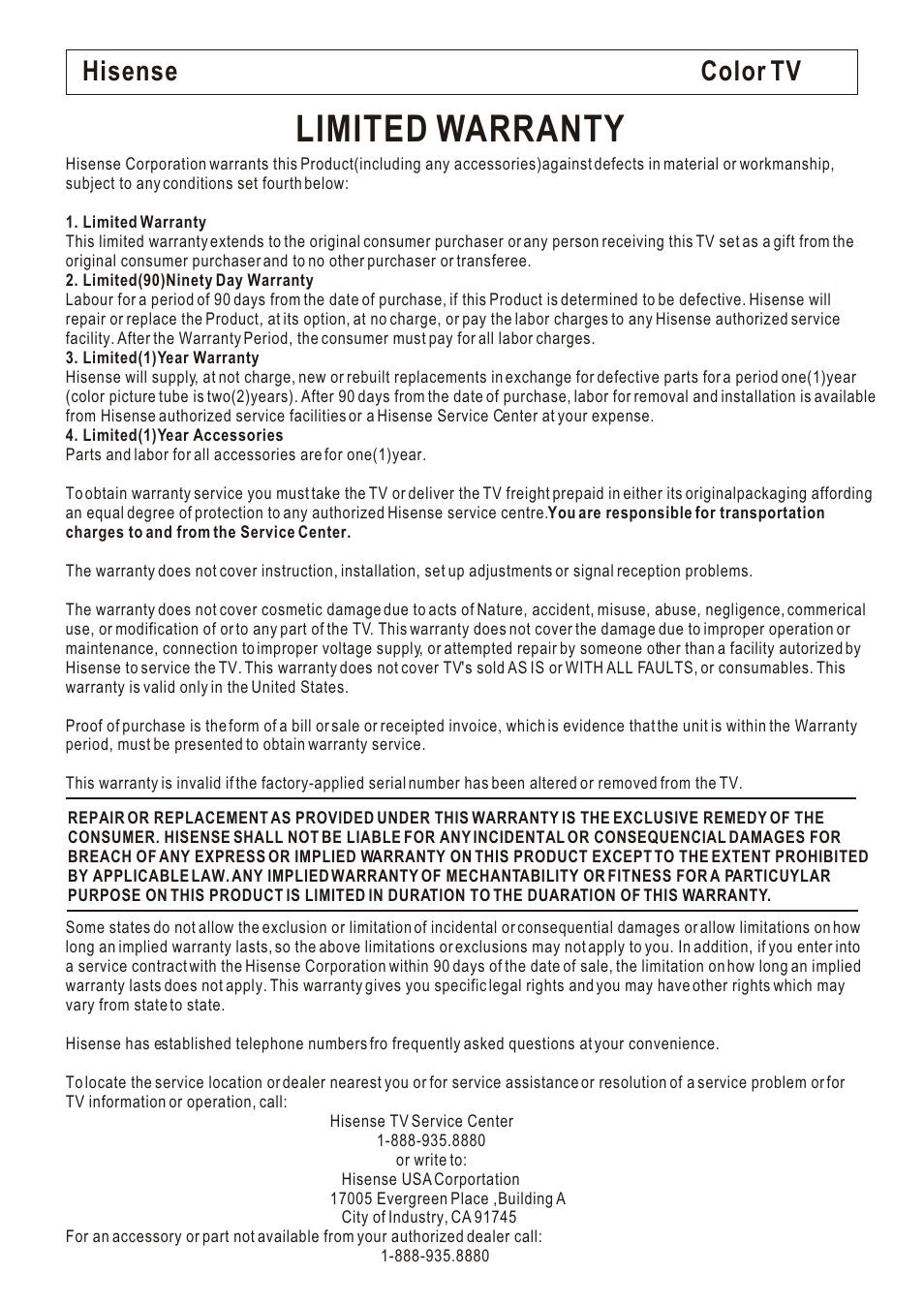 Т³гж 20, Limited warranty, Hisense color tv | Hisense Group C2005US User Manual | Page 20 / 20