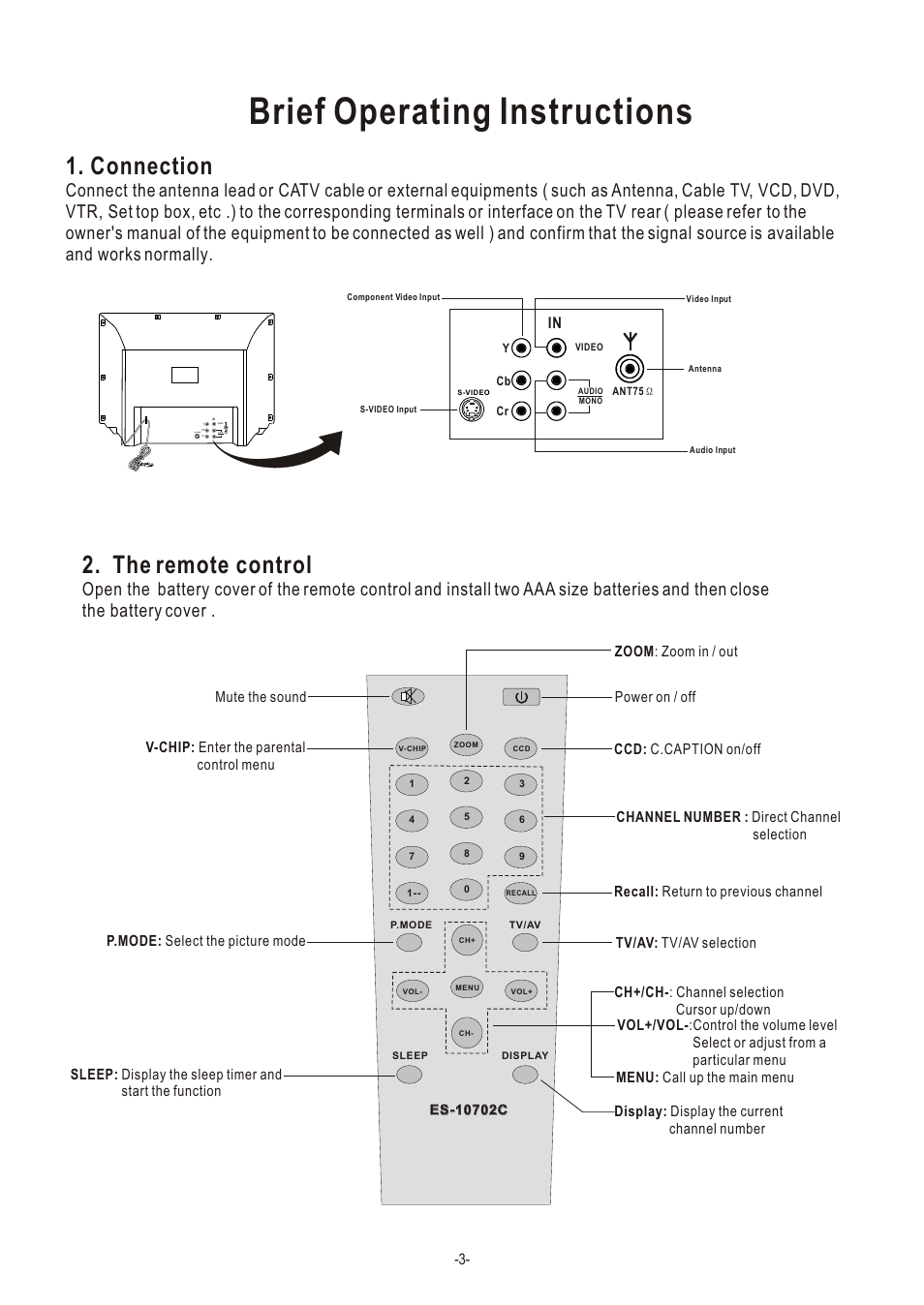 Т³гж 5, Brief operating instructions, Connection | The remote control, S-video, Audio mono | Hisense Group C2005US User Manual | Page 5 / 20