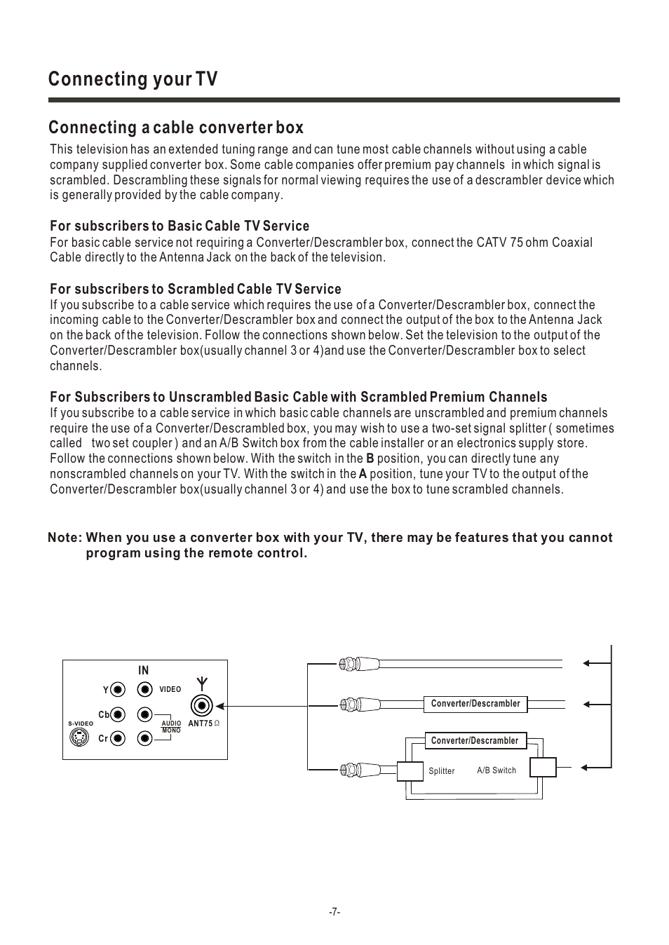 Т³гж 9, Connecting your tv, Connecting a cable converter box | For subscribers to basic cable tv service, For subscribers to scrambled cable tv service | Hisense Group C2005US User Manual | Page 9 / 20