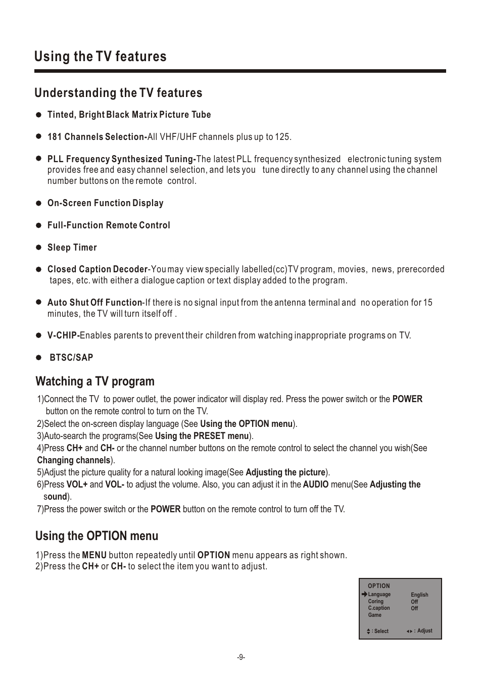 Т³гж 11, Using the tv features, Watching a tv program | Using the option menu, Understanding the tv features | Hisense Group TC14FS68 User Manual | Page 11 / 22