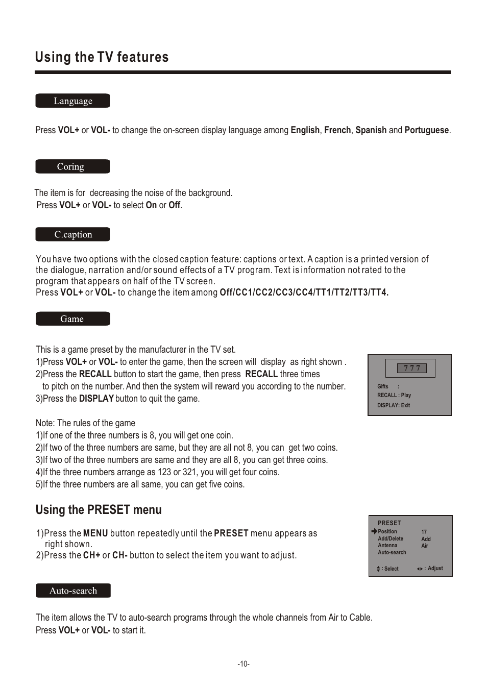 Т³гж 12, Using the tv features, Using the preset menu | Hisense Group TC14FS68 User Manual | Page 12 / 22