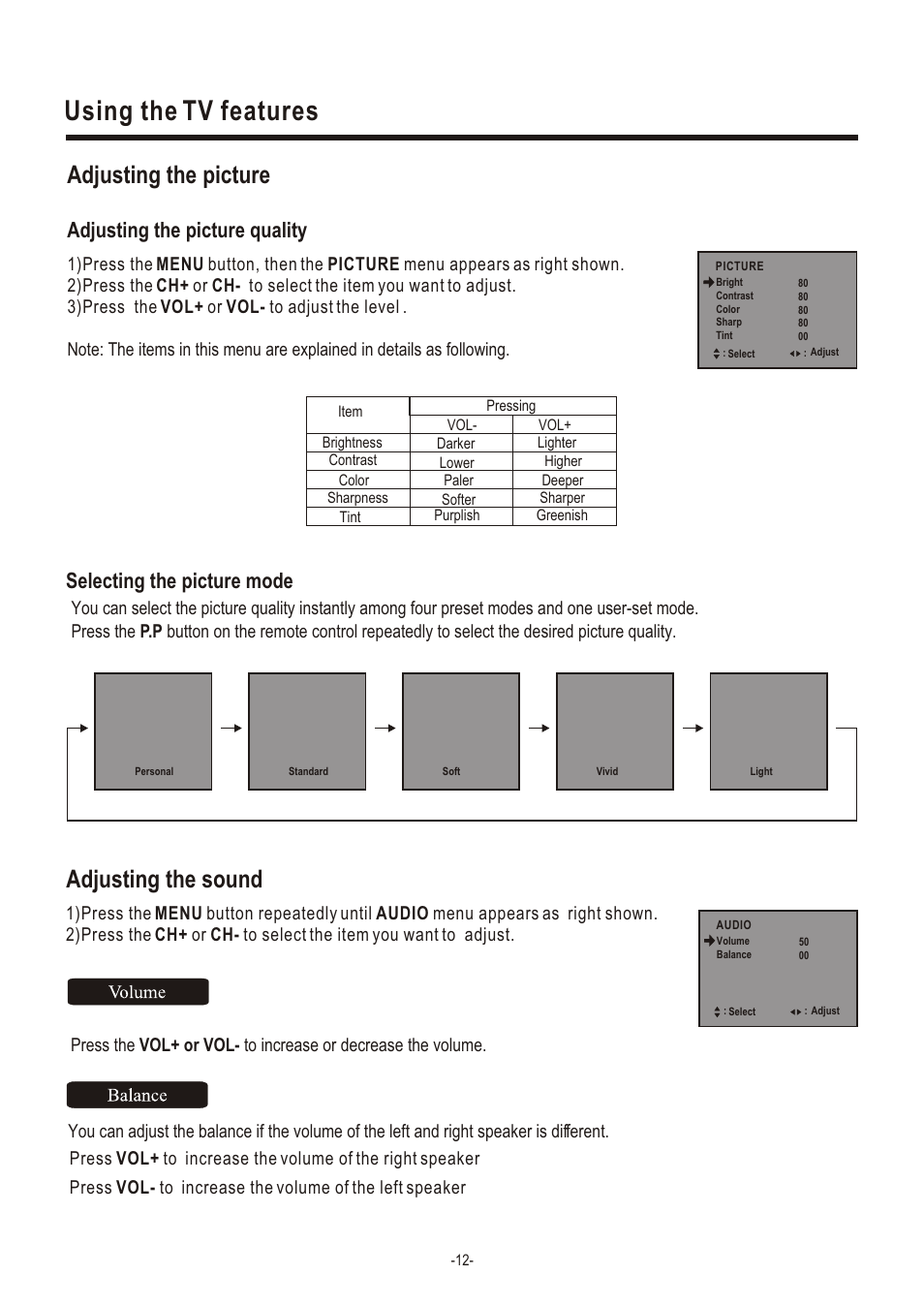 Т³гж 14, Using the tv features, Adjusting the picture | Adjusting the sound, Adjusting the picture quality, Selecting the picture mode | Hisense Group TC14FS68 User Manual | Page 14 / 22