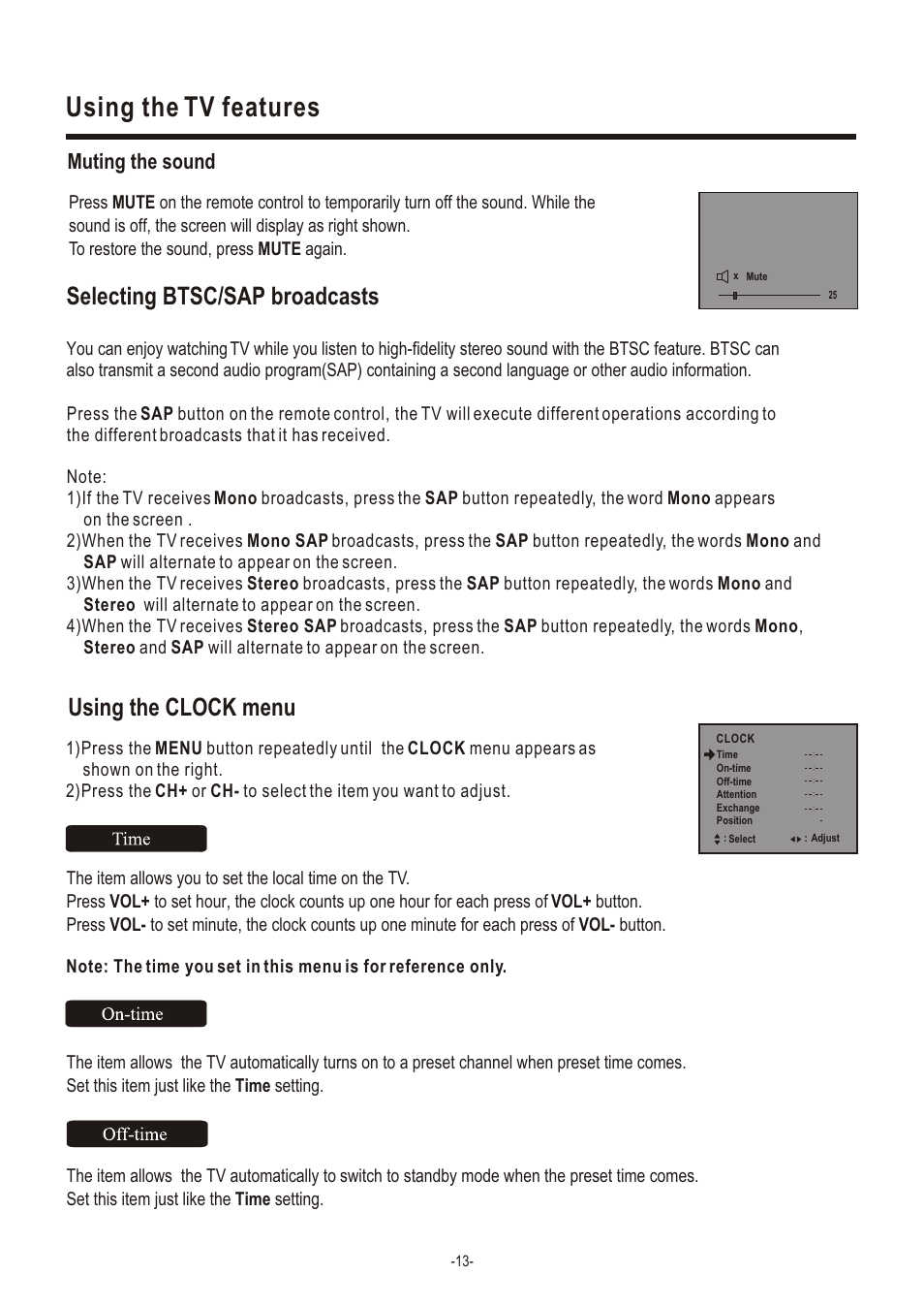 Т³гж 15, Using the tv features, Selecting btsc/sap broadcasts | Using the clock menu, Muting the sound | Hisense Group TC14FS68 User Manual | Page 15 / 22