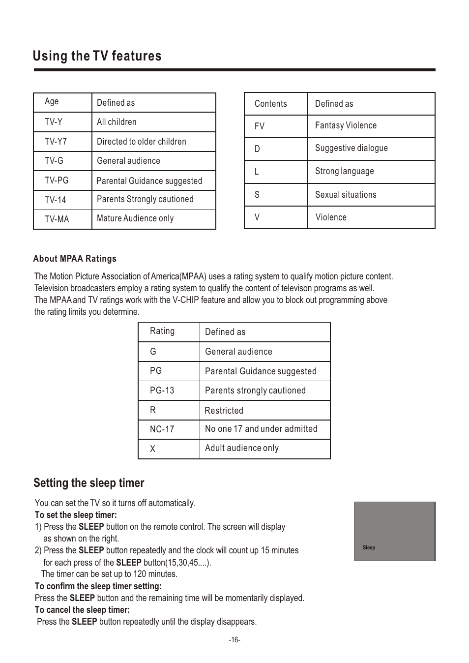 Т³гж 18, Using the tv features, Setting the sleep timer | Hisense Group TC14FS68 User Manual | Page 18 / 22