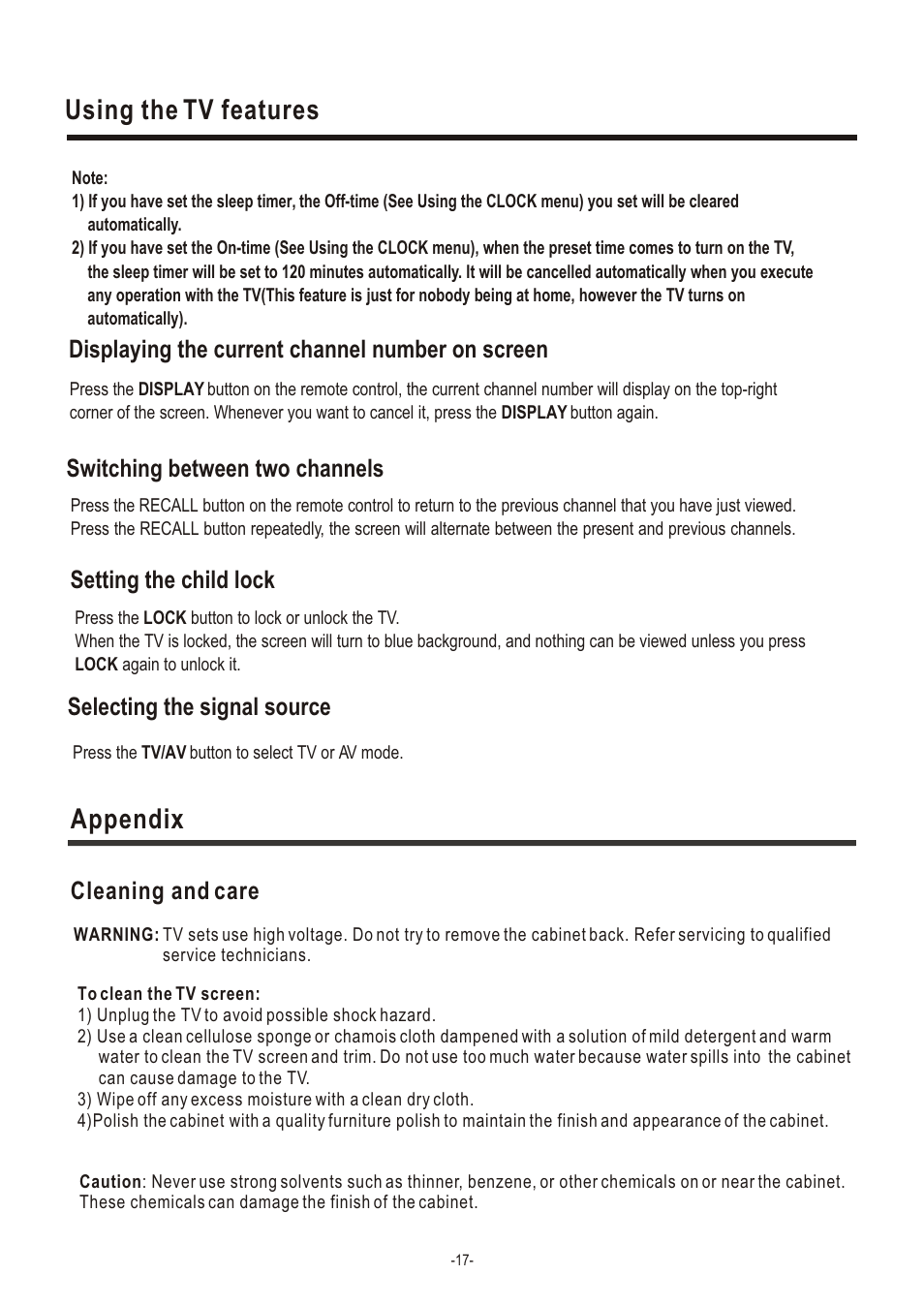 Т³гж 19, Using the tv features, Appendix | Displaying the current channel number on screen, Switching between two channels, Setting the child lock, Selecting the signal source, Cleaning and care | Hisense Group TC14FS68 User Manual | Page 19 / 22