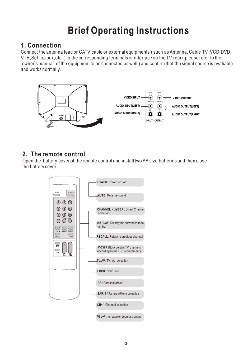 Т³гж 5, Brief operating instructions, Connection | The remote control | Hisense Group TC14FS68 User Manual | Page 5 / 22