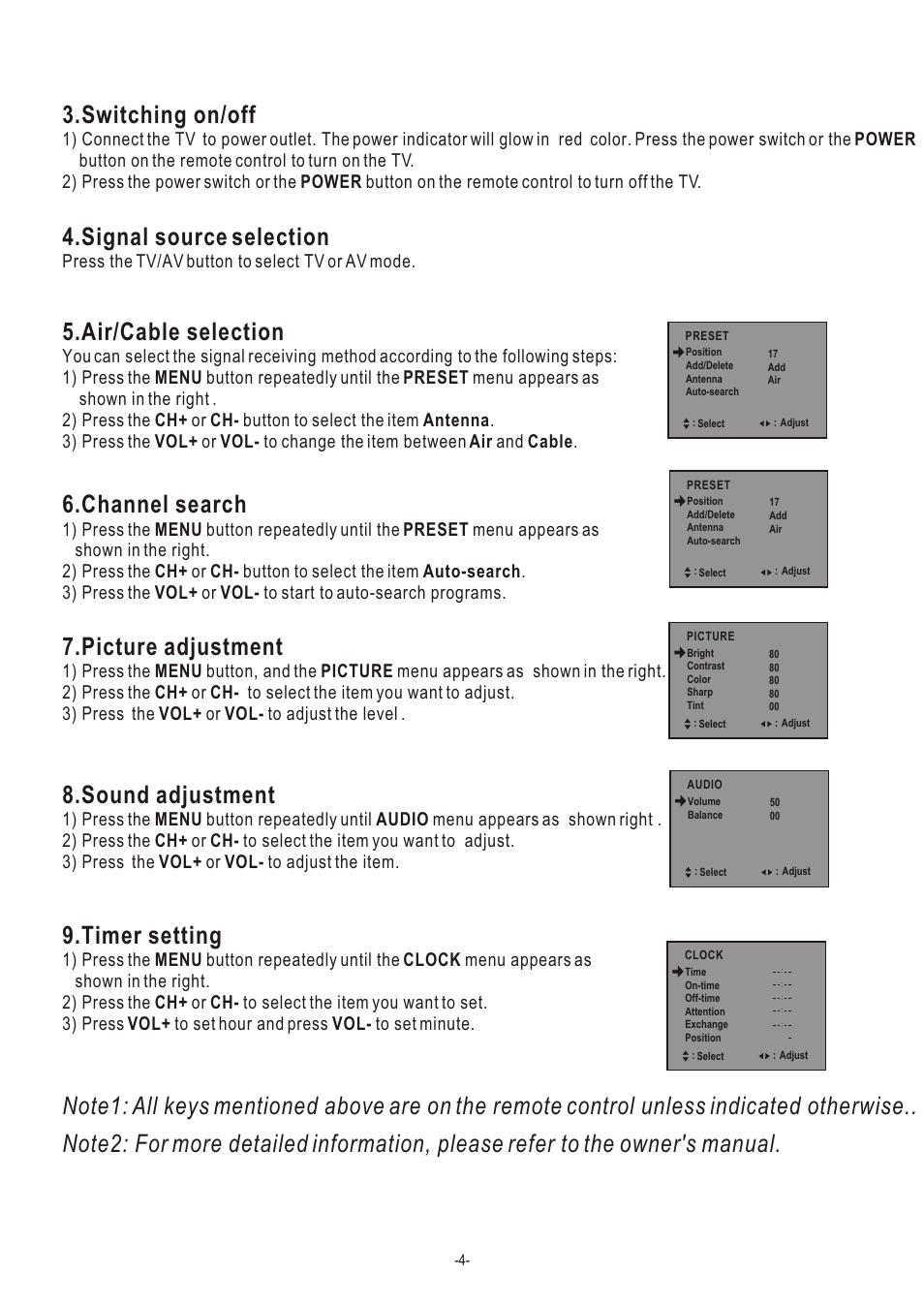 Т³гж 6, Switching on/off, Signal source selection | Air/cable selection, Channel search, Picture adjustment, Sound adjustment, Timer setting, Press the tv/av button to select tv or av mode | Hisense Group TC14FS68 User Manual | Page 6 / 22